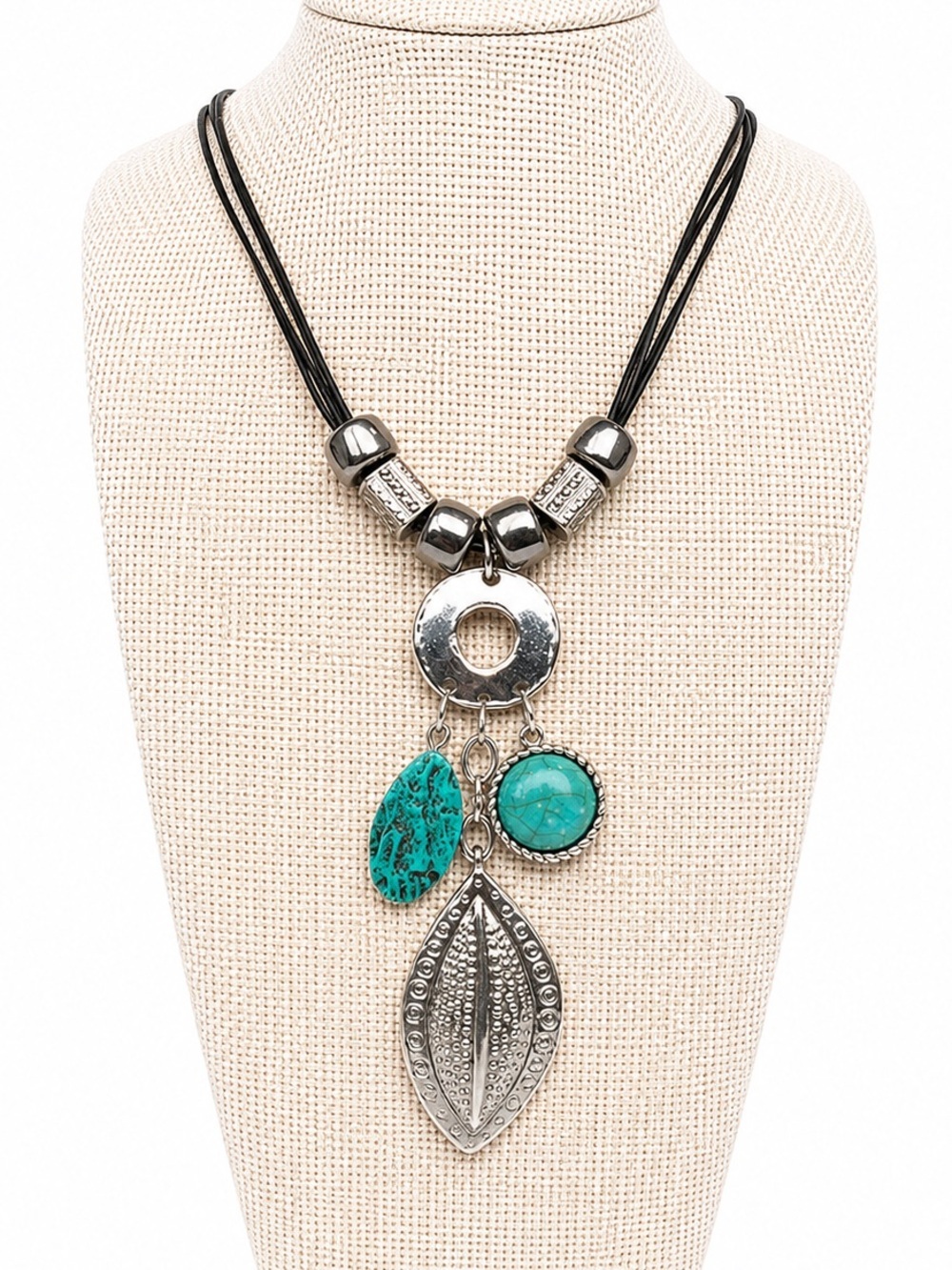 Chico’s Turquoise Silver Pendant Necklace Black Cord Boho Southwestern Chic